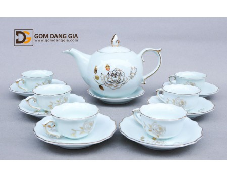 Bộ ấm chén quà tặng, dáng chóp lửa chỉ vàng kim vẽ hoa Bộ ấm chén quà tặng, dáng chóp lửa chỉ vàng kim vẽ hoa
